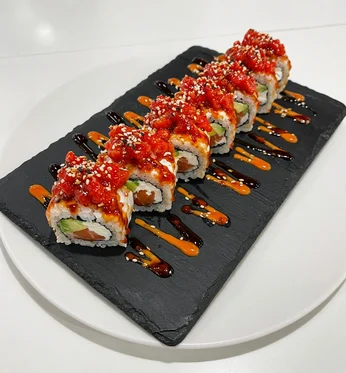 Fire Red Dragon Roll, a specialty sushi roll at Pocket Holic, Calgary